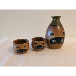 Japanese Tanuki Raccon Ceramic Sake Set of 3